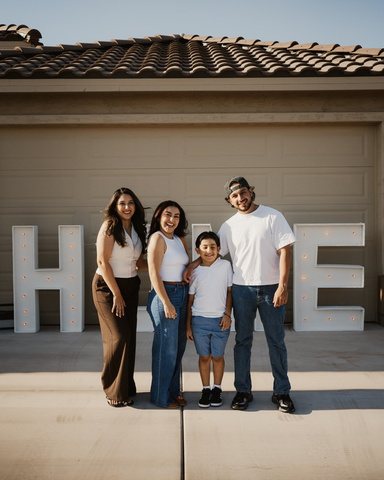 Buyers with HOME marquee letters on closing day